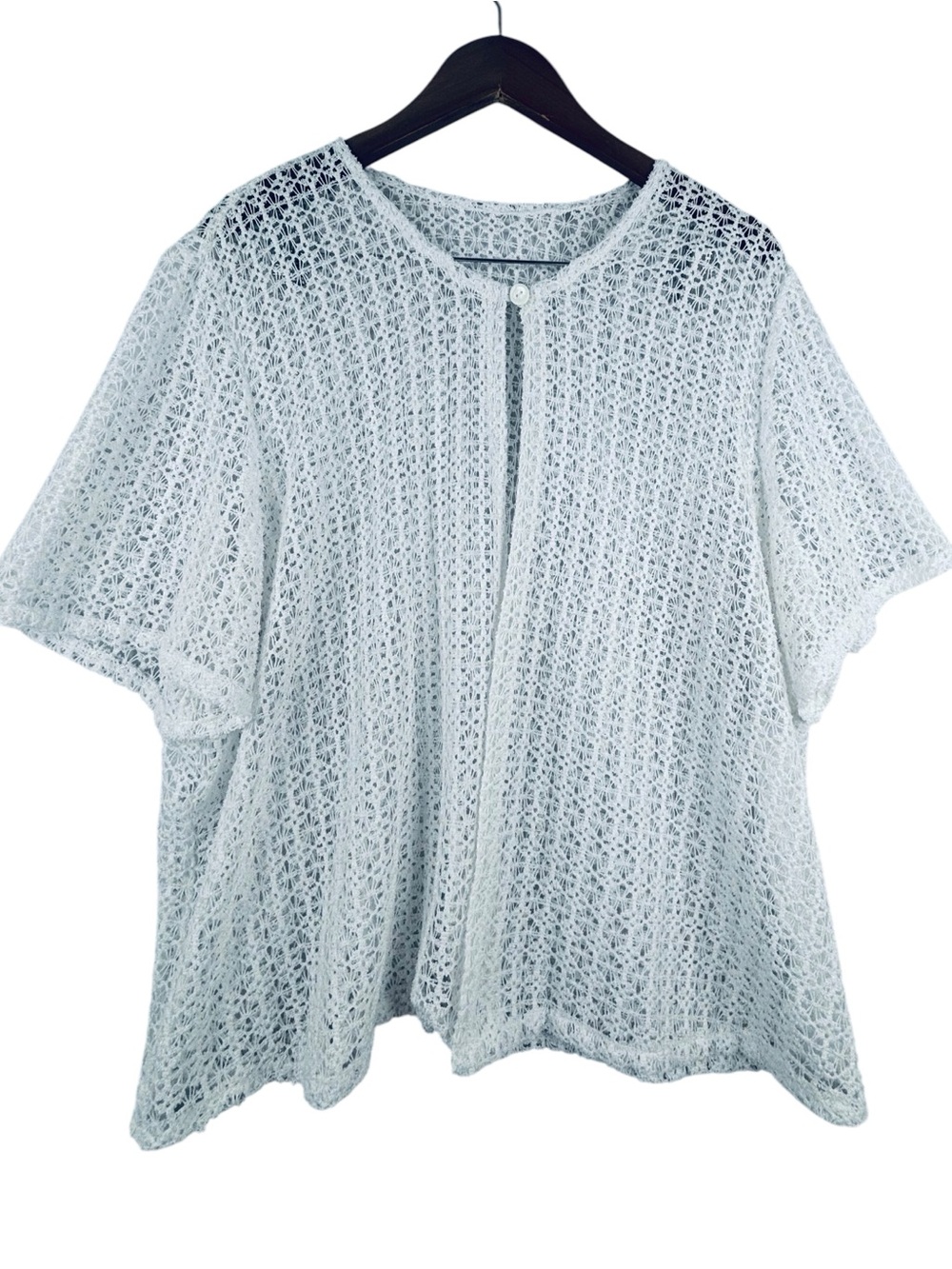 White Crochet Single Button Short Sleeve Boho Cardigan Coverup 2X